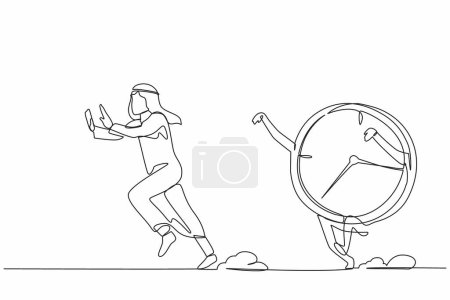 Single one line drawing unhappy Arab businessman being chased by time. Deadline planning schedules at office task. Minimal metaphor concept. Modern continuous line design graphic vector illustration