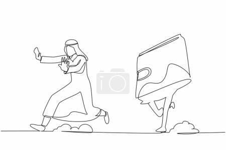 Illustration for Single one line drawing unhappy Arab businessman being chased by wallet. Losing money or business profit. Cannot pay the bill. Minimal metaphor. Continuous line draw design graphic vector illustration - Royalty Free Image