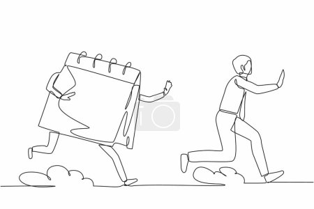 Illustration for Single continuous line drawing stressed businessman being chased by calendar. Office worker chased by work deadlines, project schedule. Minimalism metaphor. One line graphic design vector illustration - Royalty Free Image