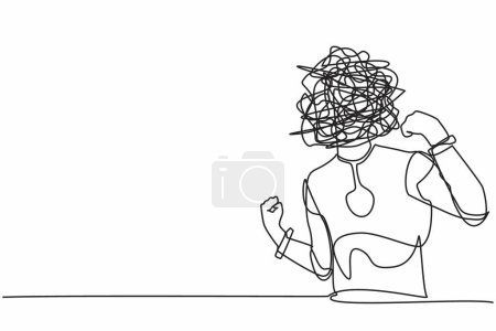 Single one line drawing robot with round scribbles instead of head, standing showing threatening gesture with clenched fist. Future technology. Continuous line draw design graphic vector illustration