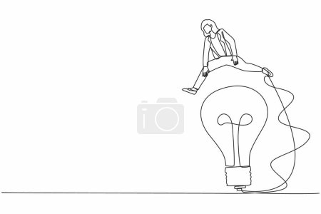 Continuous one line drawing businesswoman jumping over big light bulb. Creativity and improvisation business idea. Innovation transformation technology. Single line design vector graphic illustration