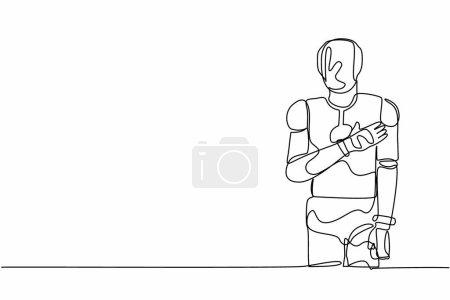 Ilustración de Robot de dibujo de una sola línea de pie con las manos en el pecho. Robot amigable expresando gratitud. Tecnología del futuro. Inteligencia artificial. Diseño de línea continua ilustración gráfica vectorial - Imagen libre de derechos