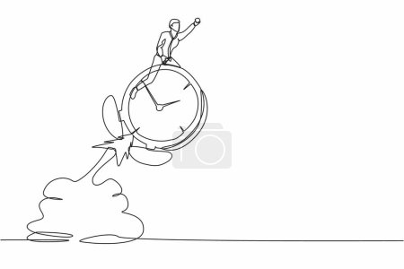 Ilustración de Una sola línea dibujando a un hombre de negocios montando un cohete despertador volando en el cielo. Gestión del tiempo, logran terminar el proyecto con fecha límite, productividad. Línea continua dibujo diseño vector ilustración - Imagen libre de derechos