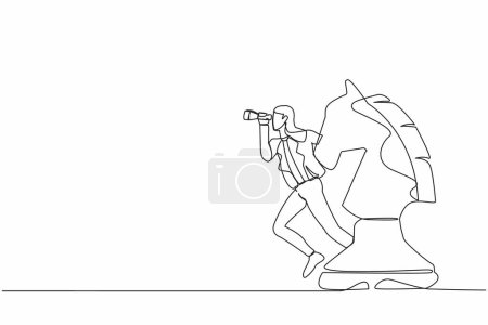 Illustration for Single continuous line drawing businesswoman leader standing on horse chess piece using telescope to see business vision. Leader make decision or opportunity. One line draw design vector illustration - Royalty Free Image