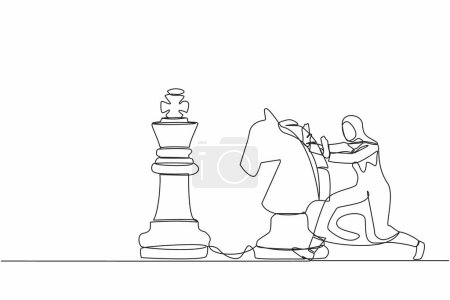 Ilustración de Una sola línea continua dibujando atractiva empresaria árabe empuja una enorme pieza de ajedrez de caballo para vencer al rey. Pensamiento estratégico y movimiento inteligente en el juego de negocios. Ilustración vectorial de diseño de una línea - Imagen libre de derechos