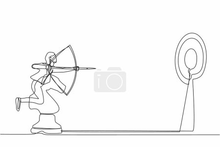 Ilustración de Continuo dibujo de una línea precisa mujer de negocios sosteniendo tiro con arco y apuntando objetivo mientras monta pieza de ajedrez de caballo. Movimiento estratégico para ganar la competencia. Ilustración vectorial de diseño de línea única - Imagen libre de derechos