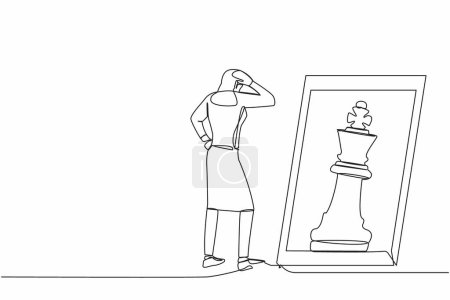 Téléchargez les illustrations : Une seule ligne dessinant une jeune femme d'affaires debout devant un miroir, reflétant le roi des échecs. Métaphore de confiance. Succès des affaires, opportunités. Illustration vectorielle de dessin en ligne continue - en licence libre de droit