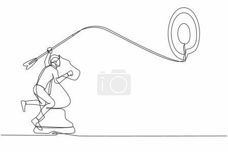Ilustración de Una sola línea dibujando precisión hombre de negocios sosteniendo flecha dardo y apuntando objetivo mientras monta pieza de ajedrez caballo. Logro del gerente de éxito. Dibujo de línea continua diseño gráfico vector ilustración - Imagen libre de derechos