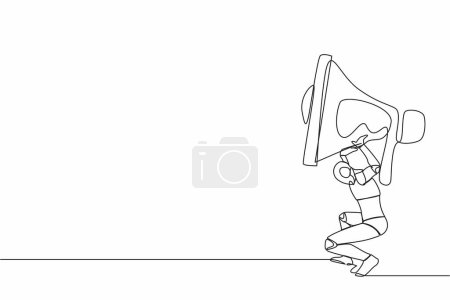 Illustration for Single one line drawing tired robot carrying heavy megaphone on his back. Conflict and trouble in factory communication. Humanoid robot cybernetic organism. Continuous line design vector illustration - Royalty Free Image
