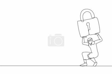Illustration for Single one line drawing Arab businessman carrying heavy padlock on his back. Unemployment or debt problem or bankruptcy concept, depressed dying worker. Continuous line draw design vector illustration - Royalty Free Image