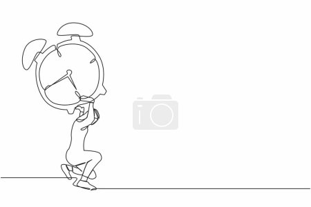 Eine Linie zeichnet einen arabischen Geschäftsmann, der einen schweren Wecker auf dem Rücken trägt. Müder Arbeiter mit Arbeitsdruck oder geschäftlichem Projektziel. Einzeiliges Zeichnen Design Vektor Grafik Illustration