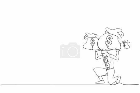 Illustration for Continuous one line drawing frustrated businesswoman carrying money bag on her back. Finance crisis money fall down. Economic crash due to pandemic. Single line draw design vector graphic illustration - Royalty Free Image