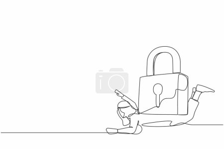 Single one line drawing Arab businessman under heavy lock pad burden. Business closing down or bankruptcy in Covid-19 pandemic lockdown crisis. Continuous line draw design graphic vector illustration