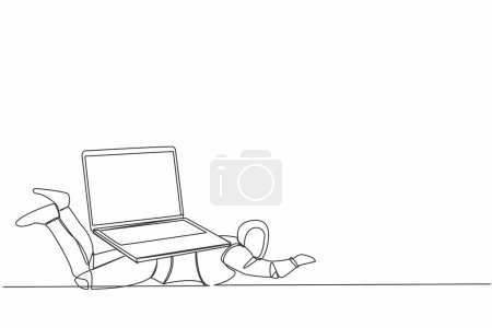 Illustration for Single one line drawing stressed robot under heavy laptop computer burden. Fatigue or burnout work at tech industry. Robotic artificial intelligence. Continuous line graphic design vector illustration - Royalty Free Image