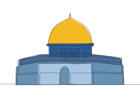 Ilustración de Una línea continua de dibujo del monumento histórico islámico masjid o mezquita Cúpula de la Roca. El edificio antiguo que utilizan como un lugar de culto para la ilustración de vectores de diseño de dibujo de una sola línea musulmana - Imagen libre de derechos
