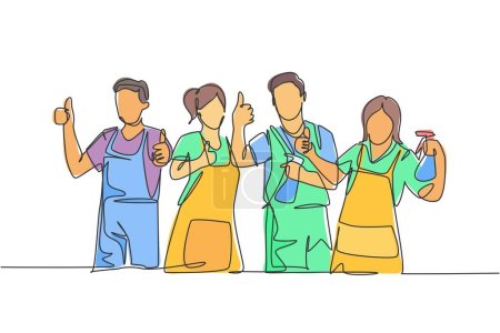 Illustration for One line drawing of groups of group male and female janitor giving thumbs up gesture. Cleaning service teamwork concept. Continuous line draw design vector illustration - Royalty Free Image