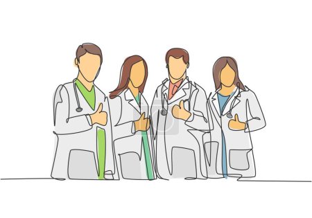 Eine Linienzeichnung zeigt Gruppen junger glücklicher Ärztinnen und Ärzte, die Daumen nach oben zeigen, als Symbol für Service Excellence. Arbeitskonzept für medizinische Teams. Durchgehende Linienzeichnung Design Vektor Illustration