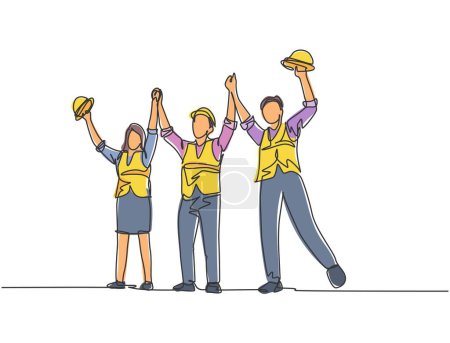 One line drawing of young architect woman and builder wearing construction vest fist their hands up the air to celebrate a project deal. Great teamwork concept. Continuous line drawing illustration