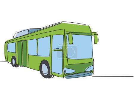 Illustration for Single continuous line drawing city buses serving commuter employees and school students depart from their homes to their respective destinations. One line draw graphic design vector illustration. - Royalty Free Image