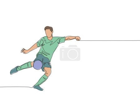 Dibujo de línea continua única de joven delantero de fútbol energético que dispara una técnica de patada por primera vez. Concepto de deportes de fútbol. Ilustración vectorial de diseño de una línea