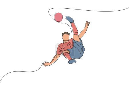 Single continuous line drawing of young talented football player shooting the ball with bicycle kick technique. Soccer match sports concept. One line draw design vector illustration