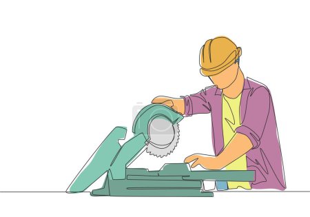 Illustration for Single continuous line drawing of young attractive woodworker cutting wooden board using circular saw. Home renovation service concept one line draw design illustration - Royalty Free Image