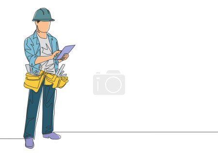 One continuous line drawing of young building foreman controlling workman work at construction site. Handyman house renovation service concept. Single line draw design illustration