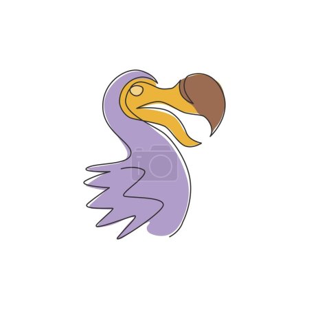 Una línea continua de dibujo de lindo adorable cabeza de pájaro dodo para la identidad del logotipo. Concepto de mascota animal extinta para el icono del zoológico del museo. Dibujo de una sola línea moderna diseño vector ilustración gráfica