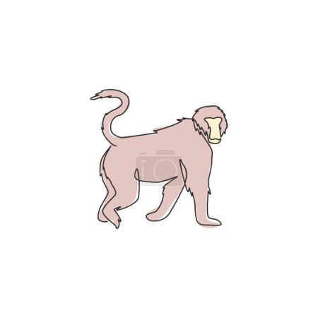 Ilustración de Una línea continua de dibujo de babuino caminante para la identidad del logotipo de la selva de conservación. Concepto de mascota animal primado para el icono del parque nacional. Dibujo gráfico de una sola línea moderna diseño vector ilustración - Imagen libre de derechos