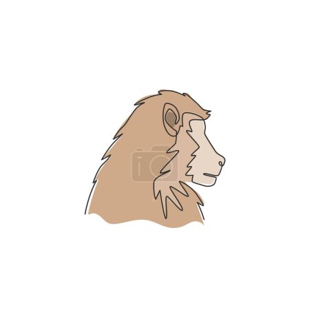 Ilustración de Una línea continua de dibujo de cabeza de mandril para la identidad del logotipo de la selva de conservación. Concepto de mascota animal primado para el icono del parque nacional. Trendy sola línea dibujar ilustración vectorial diseño gráfico - Imagen libre de derechos