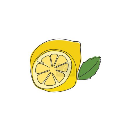 Illustration for Single continuous line drawing of whole and sliced healthy organic lemon for orchard logo identity. Fresh zest fruitage concept for fruit garden icon. Modern one line draw design vector illustration - Royalty Free Image
