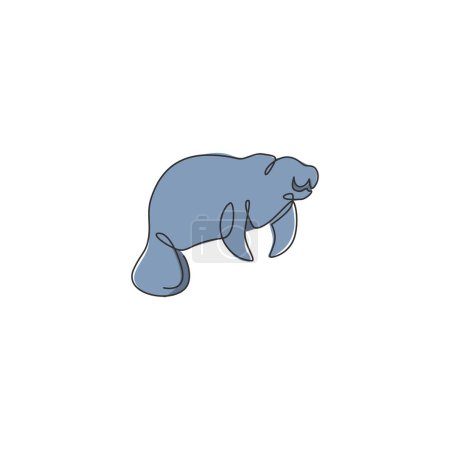 Téléchargez les illustrations : Un seul dessin de ligne de lamantin adorable pour l'identité du logo de la fondation. Concept de mascotte de mammifères marins herbivores pour le monde marin Afficher l'icône. Illustration vectorielle de dessin continu moderne - en licence libre de droit