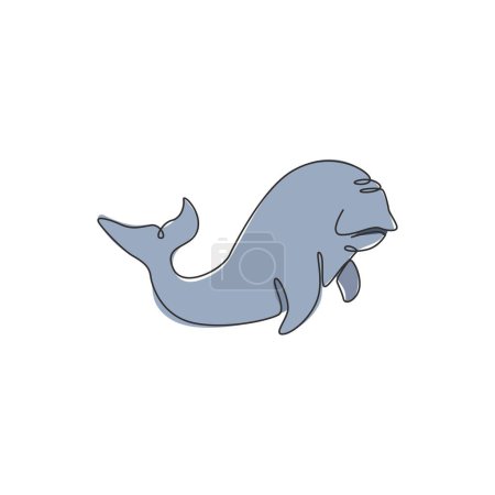 Téléchargez les illustrations : Dessin unique d'une ligne de dugong drôle pour l'identité du logo nautique. Concept de mascotte de cochon de mer ou chameau de mer pour l'icône du spectacle aquatique. Illustration vectorielle graphique de dessin en ligne continue moderne - en licence libre de droit