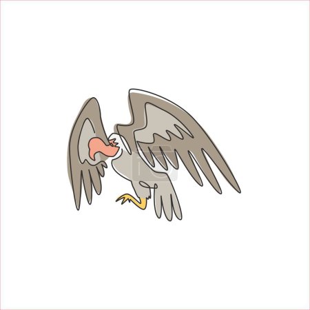 Téléchargez les illustrations : Un dessin en ligne continue de vautour effrayant pour l'identité du logo de la fondation. Grand concept de mascotte d'oiseau pour icône de conservation des oiseaux. Illustration vectorielle graphique de dessin monoligne moderne - en licence libre de droit