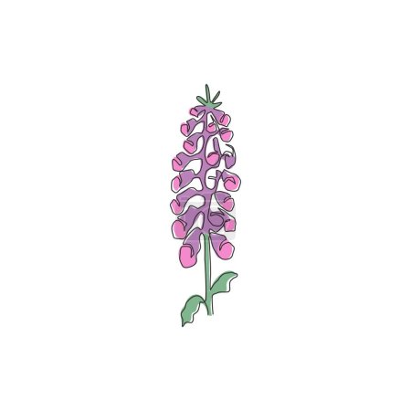 Illustration for Single one line drawing beauty fresh foxglove for garden logo. Decorative digitalis purpurea flower concept for home wall decor poster art print. Modern continuous line draw design vector illustration - Royalty Free Image