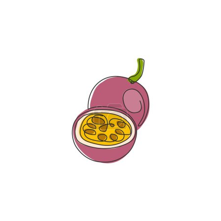 Illustration for Single continuous line drawing whole healthy organic passion fruit for orchard logo identity. Fresh exotic fruits concept for fruit garden icon. Modern one line draw design vector graphic illustration - Royalty Free Image