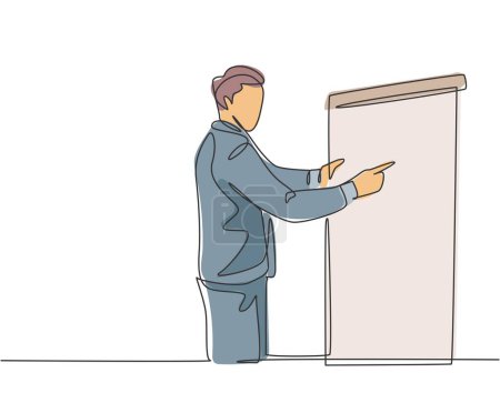Illustration for Single continuous line drawing of young sales manager pointing a finger to the infographic on screen board during meeting. Work presentation at office concept one line draw design vector illustration - Royalty Free Image