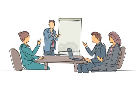 Single continuous line drawing of young happy business instructor teaching interpersonal skill to the attendees during presentation. Business training concept one line draw design vector illustration