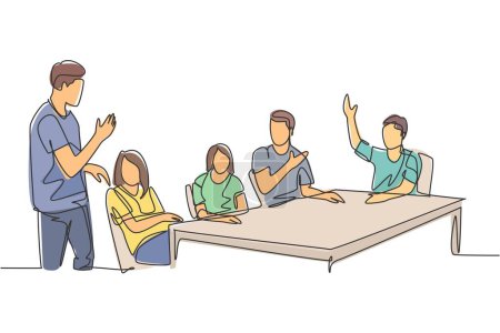 Ilustración de Una sola línea de dibujo de un joven CEO de startup lidera la reunión y reunión de la compañía con su miembro del equipo en la oficina. concepto de reunión de negocios línea continua dibujo diseño gráfico vector ilustración - Imagen libre de derechos