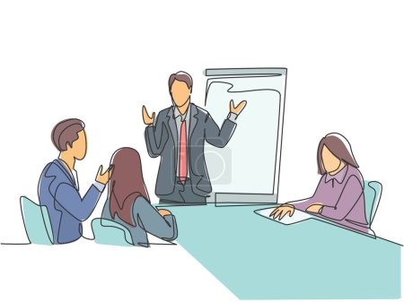 One single line drawing of young businessman giving business coaching to class members at the office. Group training and meeting concept continuous line draw design vector illustration graphic