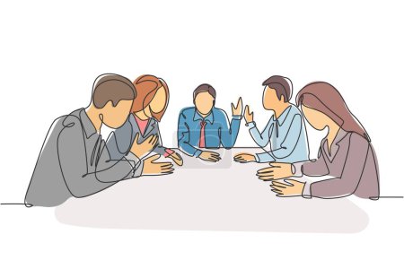 Illustration for One continuous line drawing of young male and female sales managers meeting to discuss company goal target at the office. Sales marketing strategy concept. Single line draw design vector illustration - Royalty Free Image