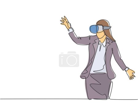 Illustration for Single continuous line drawing of young happy businesswoman reaching something while playing simulation game. Virtual reality game player concept. Modern one line draw design vector illustration - Royalty Free Image