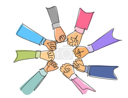Eine durchgehende Zeichengruppe junger Geschäftsleute vereint ihre Hände zu einem Kreis als Symbol der Einheit. Teamwork Konzept eine Linie zeichnen Grafik Design Vektor Illustration