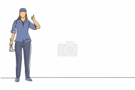 Illustration for Continuous one line drawing carpenter woman standing with a thumbs-up gesture works for wood industry and must be skilled at using carpentry tools. Single line draw design vector graphic illustration - Royalty Free Image