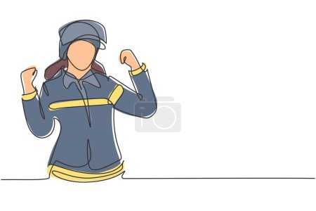 Illustration for Single one line drawing female firefighter with celebrate gesture, uniform and wearing helmet prepare to put out the fire that burned building. Continuous line draw design graphic vector illustration - Royalty Free Image