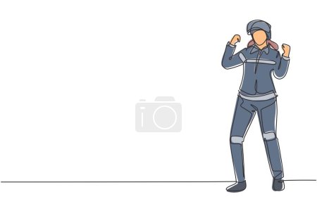 Illustration for Single continuous line drawing female firefighter stood with celebrate gesture, wearing helmet and uniform work to extinguish fire at building. Dynamic one line draw graphic design vector illustration - Royalty Free Image