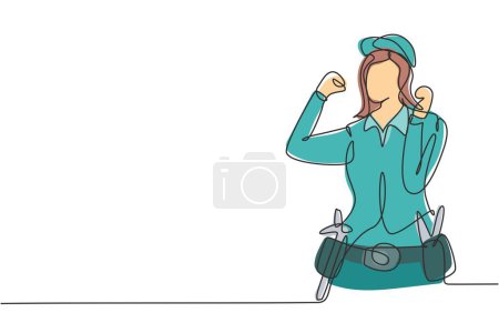 Illustration for Continuous one line drawing handywoman with celebrate gesture ready to work on repairing damaged part of house. Professional work. Success business. Single line draw design vector graphic illustration - Royalty Free Image