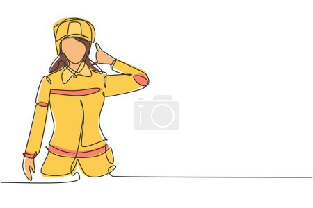 Illustration for Continuous one line drawing female firefighter with uniform, call me gesture and wearing helmet prepare to put out the fire that burned building. Single line draw design vector graphic illustration - Royalty Free Image