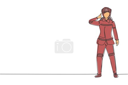 Illustration for Single continuous line drawing female firefighter stood with call me gesture, wearing helmet and uniform work to extinguish fire at building. Dynamic one line draw graphic design vector illustration - Royalty Free Image
