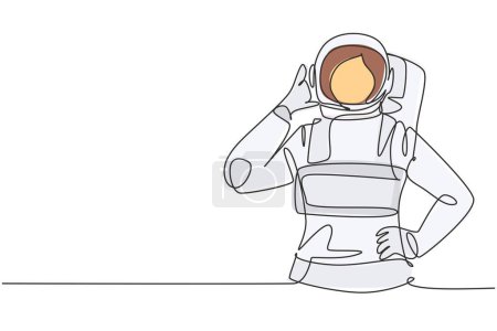 Illustration for Single one line drawing female astronaut with call me gesture wearing spacesuits to explore outer space in search mysteries of universe. Modern continuous line draw design graphic vector illustration - Royalty Free Image
